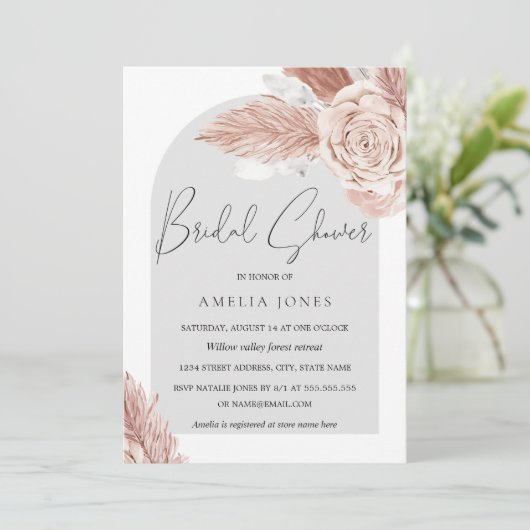 Rosa Blume Rosa Grau Boho Brautparty Einladung (Stehend Vorderseite)