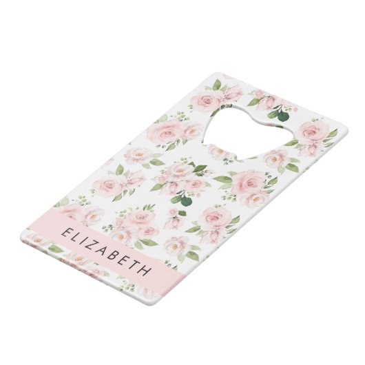 Rosa Blume, Rose, Aquarell-Blume, Ihr Name Geldbeutel Flaschenöffner (Vorderseite Schrägansicht)