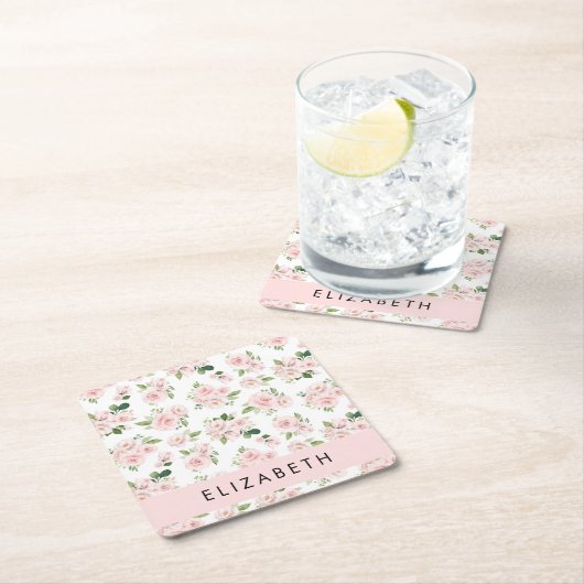 Rosa Blume, Rose, Aquarell-Blume, Ihr Name Rechteckiger Pappuntersetzer (Vor Ort)
