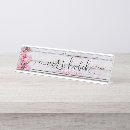 Rosa Blume Rose Gold Lehrer Schreibtisch Namenssch Schreibtischnamensplakette (Vorderseite )