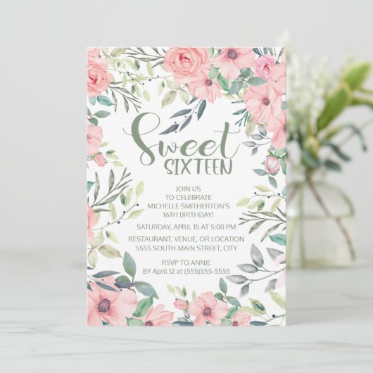 Rosa Blume rot Sage Green Blätter Sweet 16 (Stehend Vorderseite)