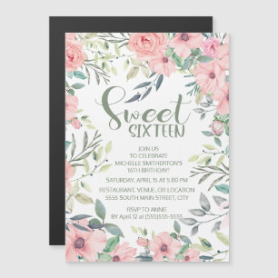 Rosa Blume rot Sage Green Blätter Sweet 16 Magnetkarte