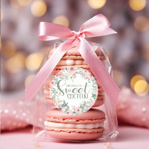 Rosa Blume rot Sage Green Blätter Sweet 16 Runder Aufkleber