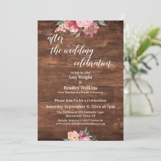 Rosa Blume Rustikal nach der Hochzeitsfeier Einladung (Stehend Vorderseite)