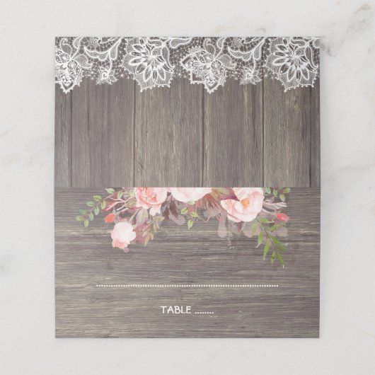 Rosa Blume Rustikale Holzhochzeit Platzkarte (Außenseite Aufgefaltet)