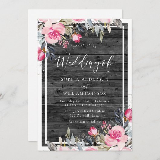 Rosa Blume Rustikale Wood Winter Hochzeit Einladung (Vorne/Hinten)