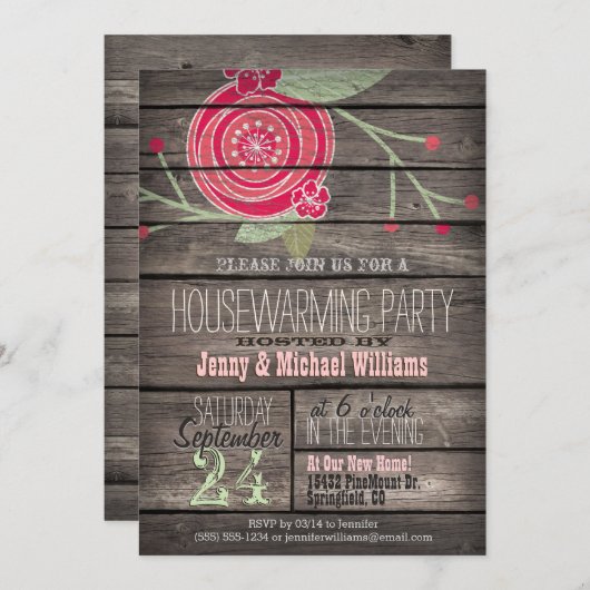 Rosa Blume Rustikales Party für Holzhäuser Einladung (Vorne/Hinten)