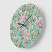 Rosa Blume, Salbei grün, nahtlos. Große Wanduhr (Winkel)
