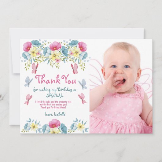 Rosa Blume Schmetterlinge Foto Geburtstag Dankeskarte (Vorderseite)