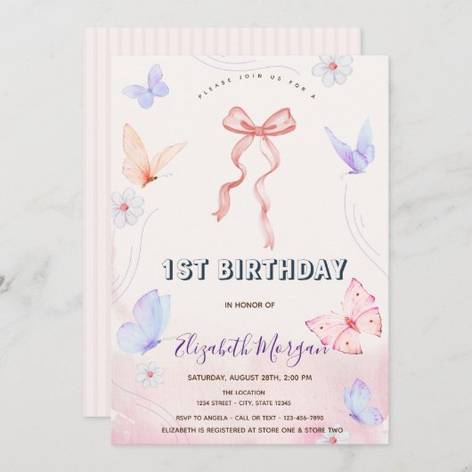 Rosa Blume Schmetterlinge gestreift Geburtstag Einladung (Vorne/Hinten)