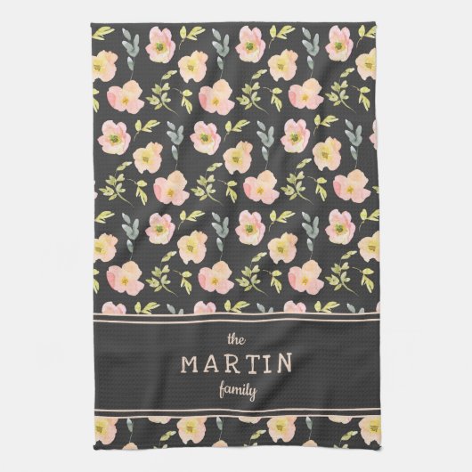 Rosa Blume schwarz Familienname Geschirrtuch (Vertikal)