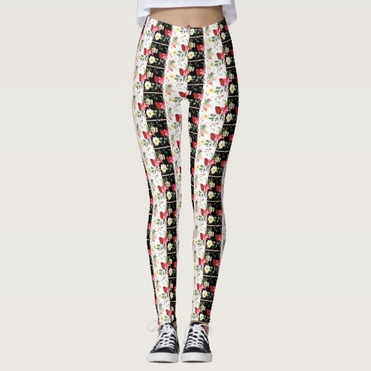 Rosa Blume schwarz-weiß Streifen Leggings (Vorderseite)