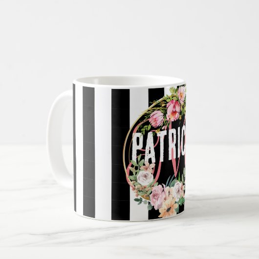 Rosa Blume schwarz-weiß Streifen Monogramm Kaffeetasse (Vorderseite Links)