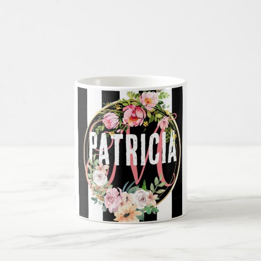 Rosa Blume schwarz-weiß Streifen Monogramm Kaffeetasse (Mittel)