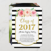 Rosa Blume Schwarzer Streifen Gold Foto Abschluss Einladung (Vorne/Hinten)