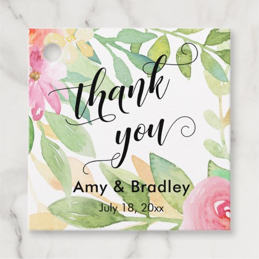 Rosa Blume Script Danke Personalisierte Hochzeit Geschenkanhänger (Vorderseite)