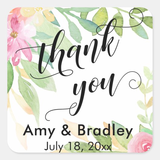 Rosa Blume Script Danke Personalisierte Hochzeit Quadratischer Aufkleber (Vorderseite)