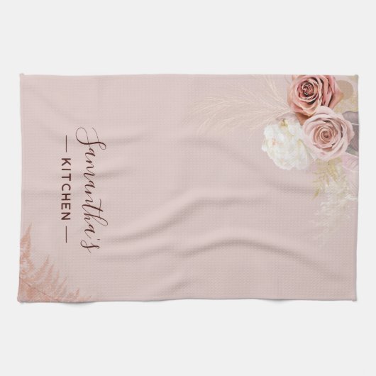 Rosa Blume Script Terracotta Personalisiert Geschirrtuch (Horizontal)