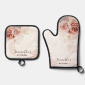 Rosa Blume Script Terracotta Personalisiert Ofenhandschuh & Topflappen-Set (Vorderseite)