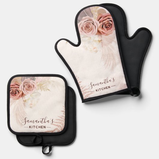 Rosa Blume Script Terracotta Personalisiert Ofenhandschuh & Topflappen-Set (Vorderseite/Rückseite)
