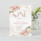 Rosa Blume sind nicht erlesene 1. Geburtstagsgolde Einladung (Stehend Vorderseite)