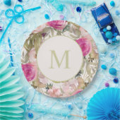 Rosa Blume Skalieren Grüne Blätter Monogramm erste Pappteller (Party)