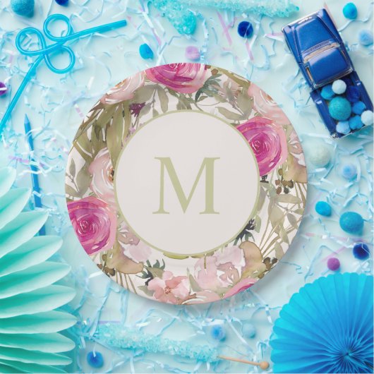 Rosa Blume Skalieren Grüne Blätter Monogramm erste Pappteller (Party)