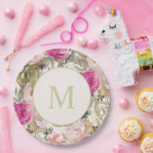 Rosa Blume Skalieren Grüne Blätter Monogramm erste Pappteller (Party)