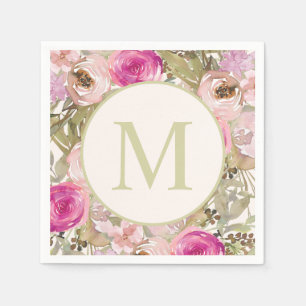 Rosa Blume Skalieren Grüne Blätter Monogramm erste Serviette