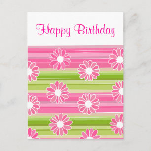 Rosa Blume Streifen Happy Birthday Postcard Postkarte