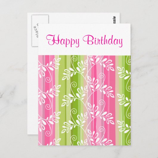 Rosa Blume Streifen Happy Birthday Postcard Postkarte (Vorne/Hinten)