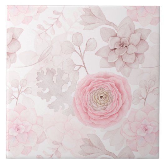 Rosa Blume Sukkulente Illustration Sommermuster Fliese (Vorderseite)