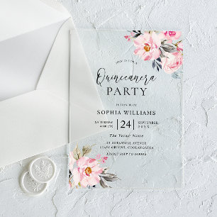 Rosa Blume Sweet Quinceanera Party Acryleinladungen