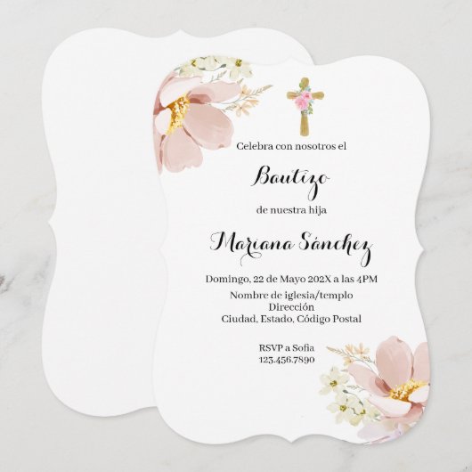 Rosa Blume Taufe Einladung für Mädchen (Vorne/Hinten)