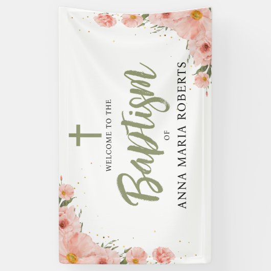 Rosa Blume Taufe Mädchen grün Willkommen Banner (Vertikal)