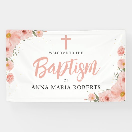Rosa Blume Taufe Mädchen Willkommen Banner (Horizontal)