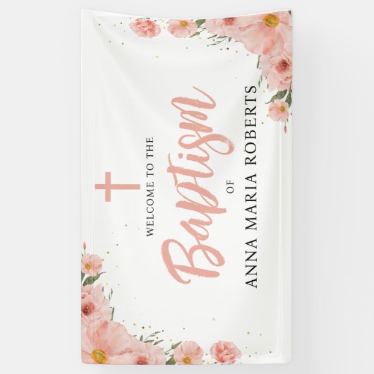 Rosa Blume Taufe Mädchen Willkommen Banner (Vertikal)