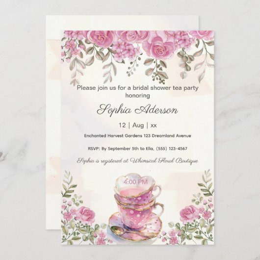 Rosa Blume Tee-Party-Brautparty Einladung (Vorne/Hinten)