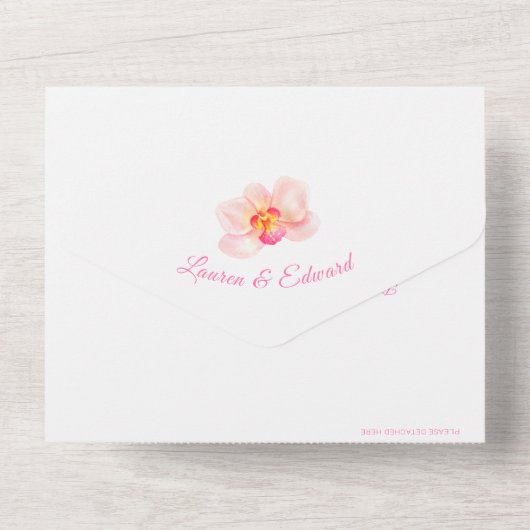 Rosa Blume, tropisch-orchid, Hochzeitsfarbe All In One Einladung (Rückseite)