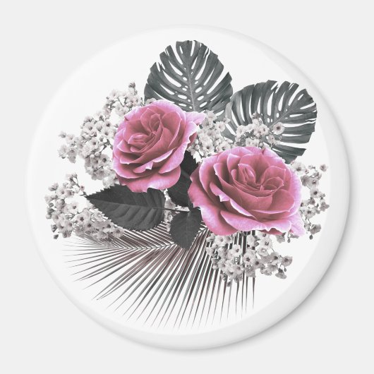Rosa Blume Tropische Blätter Magnet (Vorne)