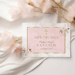 Rosa Blume überqueren die Taufe der Girl Save The Date<br><div class="desc">Einzigartiges Kartendesign mit zartem Aquarell-Rosa-Rosa-Blume,  vergoldeten Rose,  vergoldetem Imitat-Kreuz,  rosa Form mit Goldrahmen,  auf Imitaten weißer Marmorboden. Verwenden Sie das Tool Personalisieren,  um Ihre Informationen hinzuzufügen. Für passende Artikel besuchen Sie bitte meine Taufensammlung aus rosafarbenem Gold.</div>