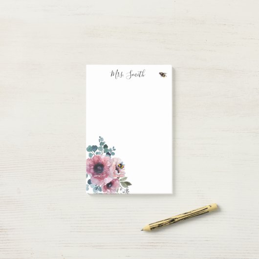 Rosa Blume und Bienen Post-it Klebezettel (Auf Schreibtisch)