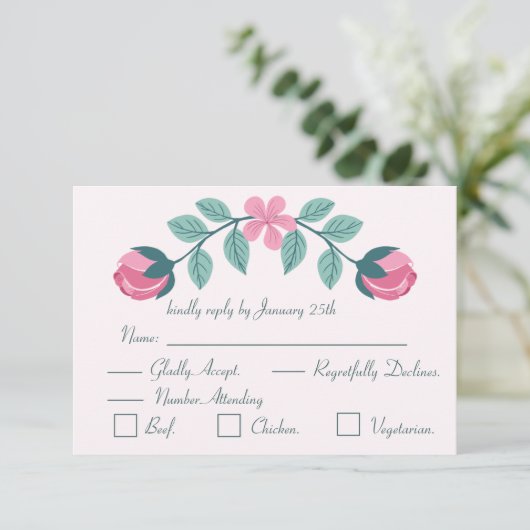 Rosa Blume und Blätter Antwortkarte UAWG RSVP Karte (Stehend Vorderseite)