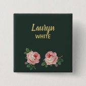 Rosa Blume und Blätter auf dunkelgrün Button (Vorderseite)