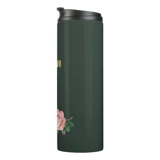 Rosa Blume und Blätter auf dunkelgrün Thermosbecher (Nach rechts gedreht)