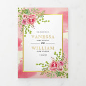 Rosa Blume und Blätter Frühling Blumen Hochzeit Dreifach Gefaltete Einladung (Cover)