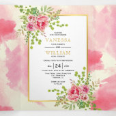 Rosa Blume und Blätter Frühling Blumen Hochzeit Dreifach Gefaltete Einladung (Innenseite Mitte)