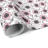 Rosa Blume und Blätter skizzieren Geschenkpapier (Rolleneckpunkt)