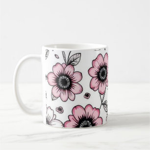 Rosa Blume und Blätter skizzieren Kaffeetasse