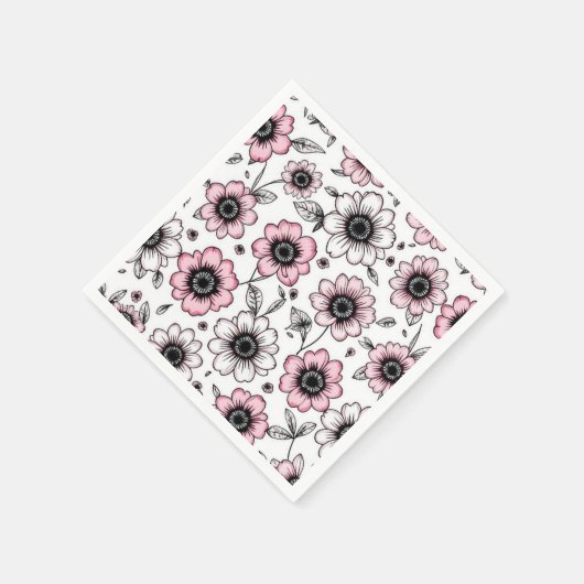 Rosa Blume und Blätter skizzieren Serviette (Ecke)